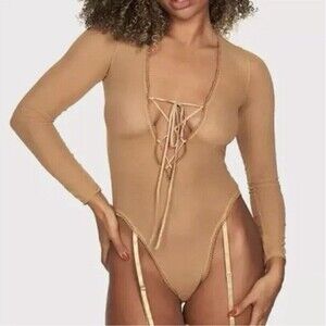 NWT Frederick's Of Hollywood Lingerie Lola Lee Long Sleeve Brown Bodysuit Size L